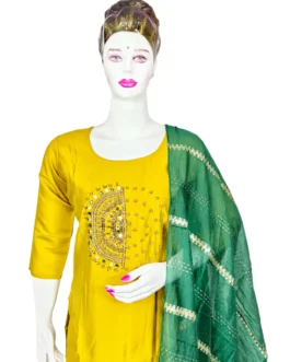 Musterd yellow handwork with green color duppatta 3 pcs kurti set