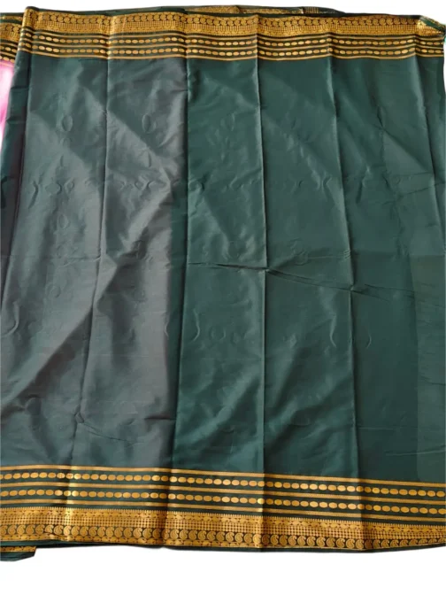 Semi mysore silk saree baby pink with bottle green border retro style - Image 3