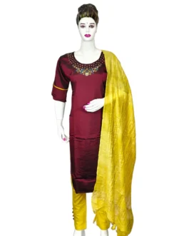 Maroon color handwork with yellow duppatta 3 pcs kurti set