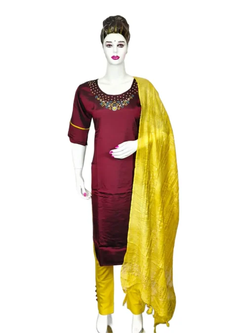 Maroon color handwork with yellow duppatta 3 pcs kurti set