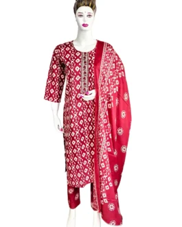 Cotton maroon and white batik print 3 pcs kurti set
