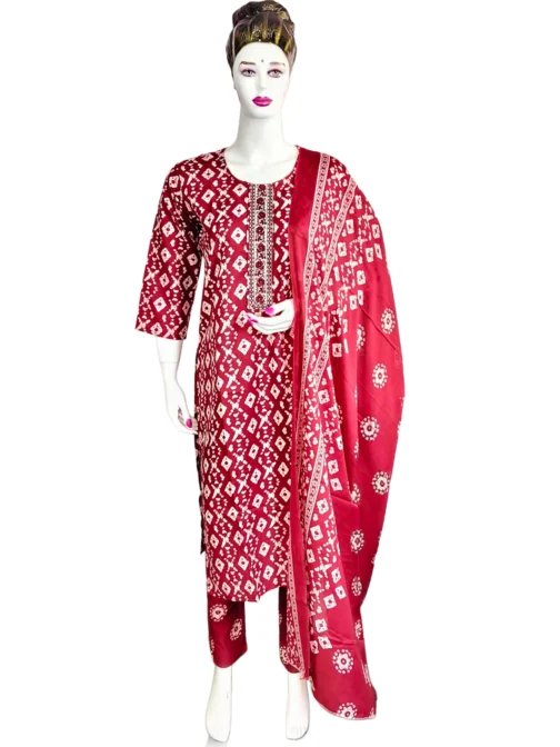 Cotton maroon and white batik print 3 pcs kurti set