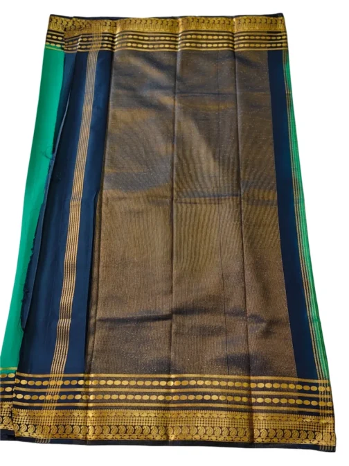Semi mysore silk saree green with nevy blue border retro style - Image 2
