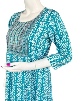 Blue and white batik print with sequence work long umbrella kurti