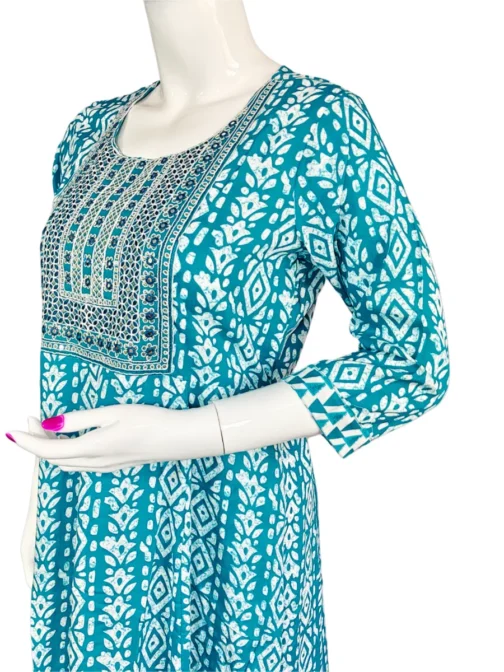 Blue and white batik print with sequence work long umbrella kurti - Image 2