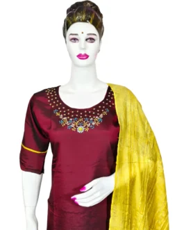 Maroon color handwork with yellow duppatta 3 pcs kurti set
