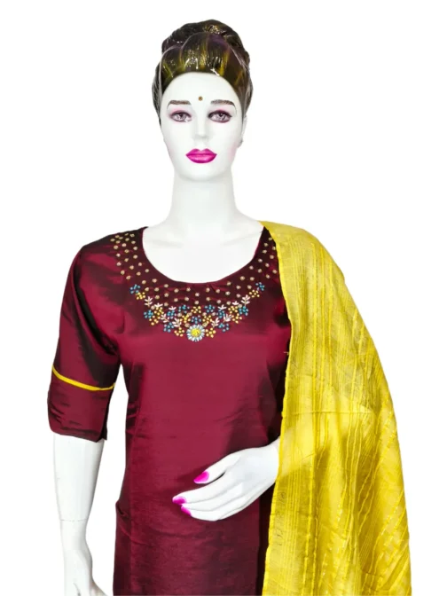 Maroon color handwork with yellow duppatta 3 pcs kurti set - Image 2
