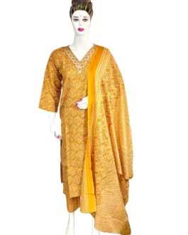 Cotton yellow and v neck embroidery work flower design 3 pcs kurti set