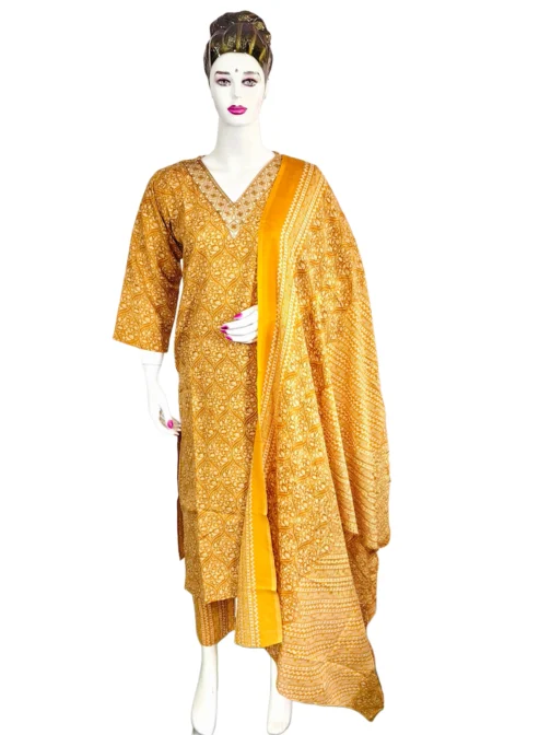 Cotton yellow and v neck embroidery work flower design 3 pcs kurti set
