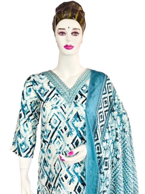 Cotton sky blue and white with v neck embroidery work flower design 3 pcs kurti set - Image 4