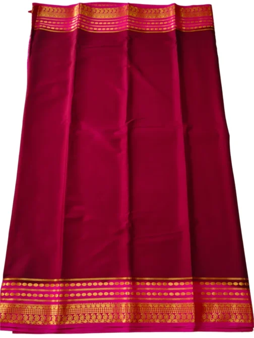 Semi mysore silk saree maroon with pink border retro style - Image 3