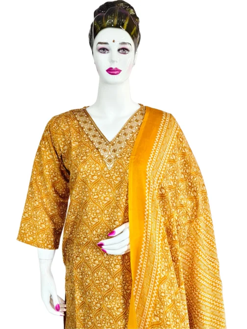 Cotton yellow and v neck embroidery work flower design 3 pcs kurti set - Image 4