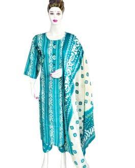 Cotton rama green and white batik print 3 pcs kurti set