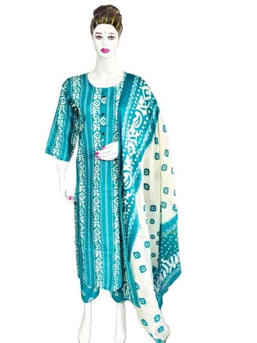 Cotton rama green and white batik print 3 pcs kurti set