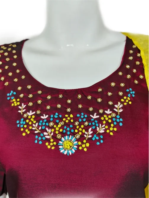 Maroon color handwork with yellow duppatta 3 pcs kurti set - Image 3