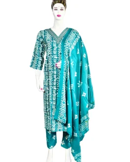 Rama green and white v neck with work batik print 3 pcs kurti set