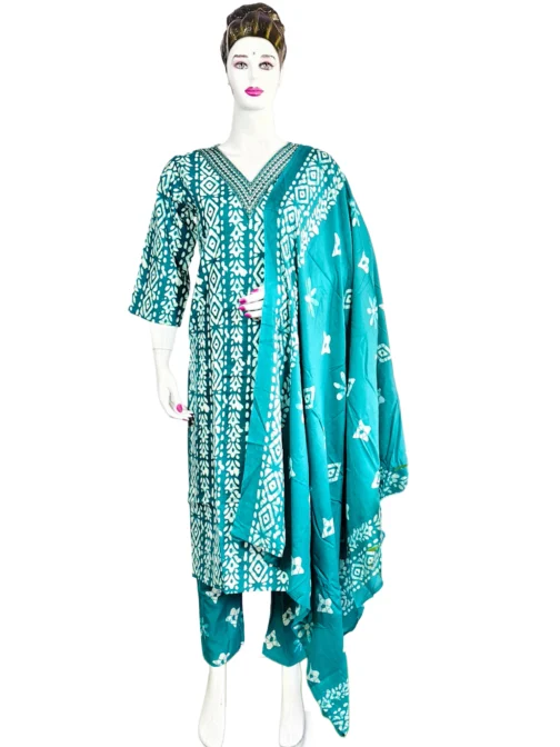 Rama green and white v neck with work batik print 3 pcs kurti set