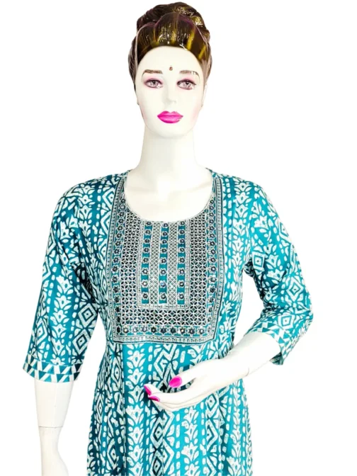 Blue and white batik print with sequence work long umbrella kurti - Image 3