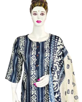 Cotton navy blue and white batik print 3 pcs kurti set
