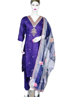 Purple color v neck sequence work and organza printed duppatta 3 pcs kurti set