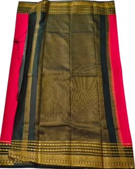 Semi mysore silk saree vibrant red with bottle green border retro style
