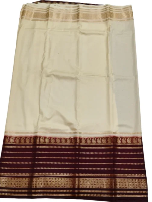 Semi mysore silk saree cream color with maroon color big border - Image 2