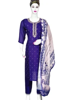 Dark purple color and embroidery work 3 pcs kurti set