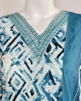 Cotton sky blue and white with v neck embroidery work flower design 3 pcs kurti set