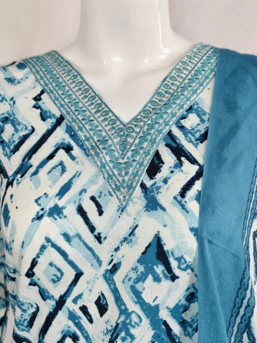 Cotton sky blue and white with v neck embroidery work flower design 3 pcs kurti set - Image 2
