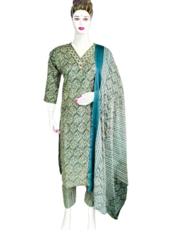 Cotton green color and v neck embroidery work flower design 3 pcs kurti set