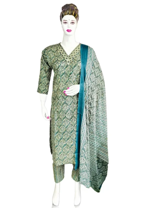 Cotton green color and v neck embroidery work flower design 3 pcs kurti set