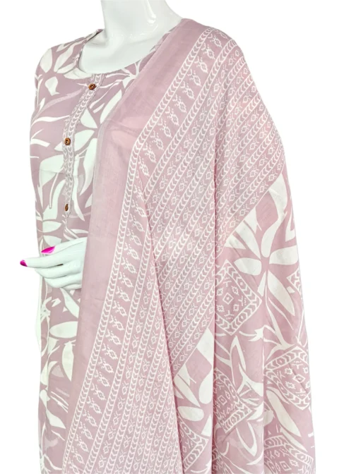 Cotton lavender and white batik print 3 pcs kurti set - Image 2