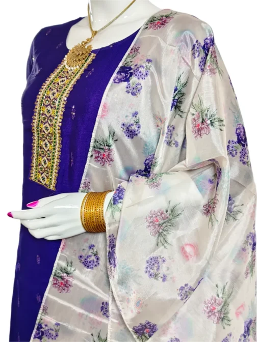 Dark purple and embroidery work with organza duppatta 3 pcs kurti set - Image 2