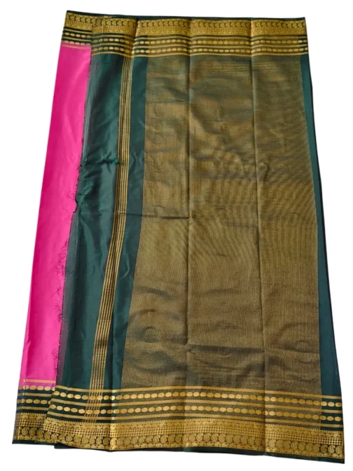 Semi mysore silk saree baby pink with bottle green border retro style - Image 4