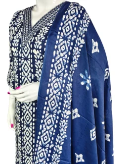 Navy blue and white v neck with work batik print 3 pcs kurti set
