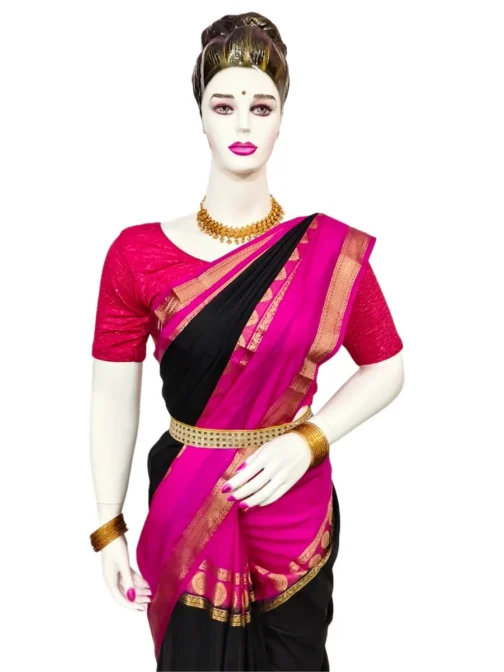 Semi mysore silk saree black color with pink color big border