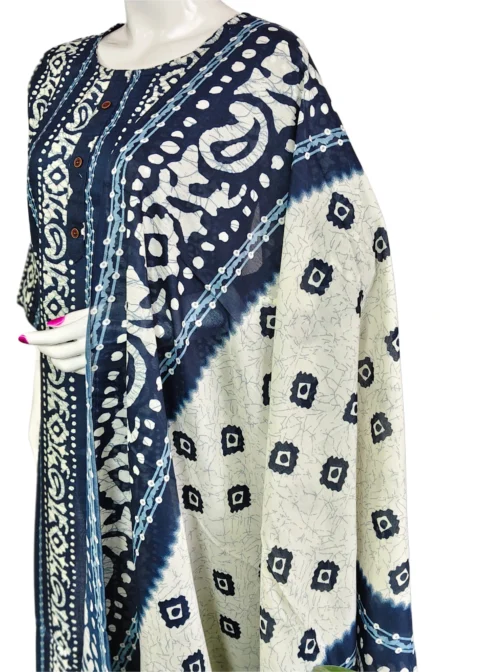 Cotton navy blue and white batik print 3 pcs kurti set - Image 3