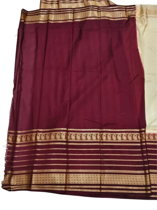 Semi mysore silk saree cream color with maroon color big border - Image 3