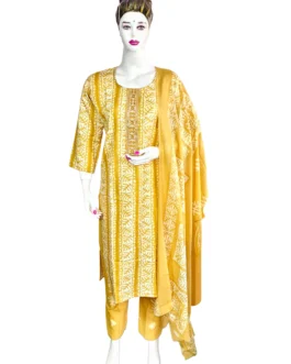 Cotton yellow and white batik print 3 pcs kurti set