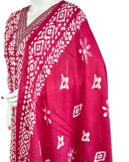 Maroon and white v neck with work batik print 3 pcs kurti set