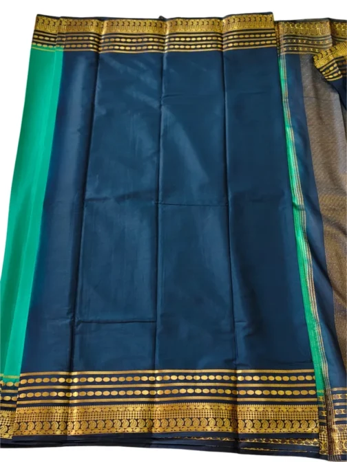 Semi mysore silk saree green with nevy blue border retro style - Image 4