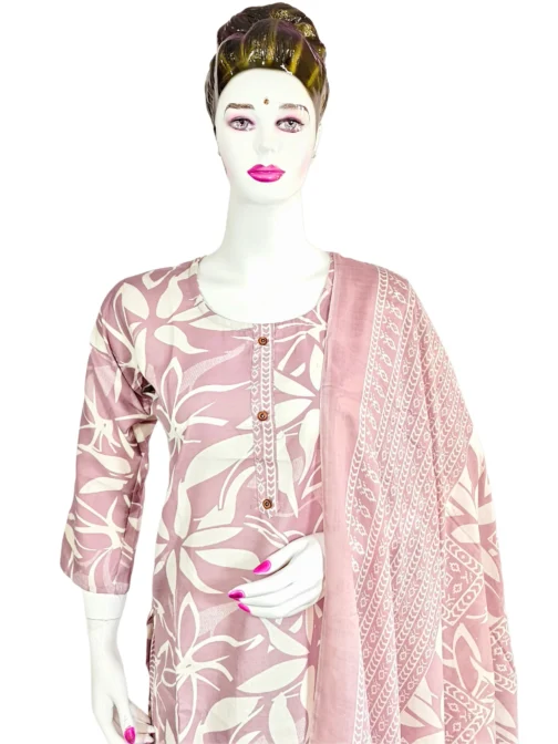 Cotton lavender and white batik print 3 pcs kurti set - Image 3