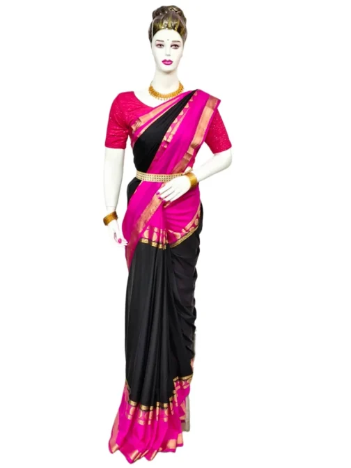 Semi mysore silk saree black color with pink color big border - Image 3