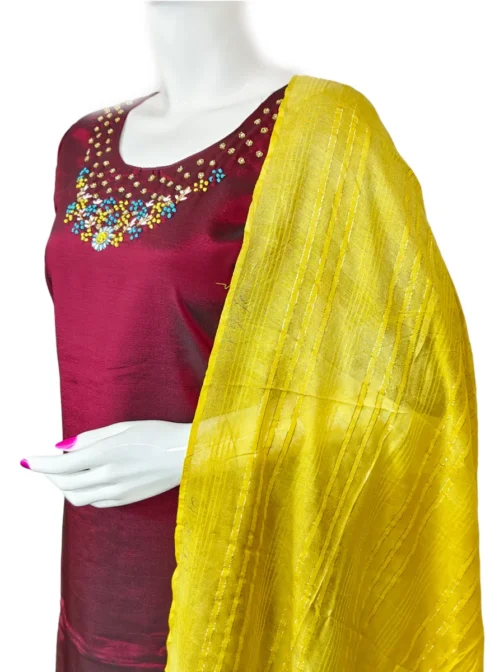 Maroon color handwork with yellow duppatta 3 pcs kurti set - Image 4