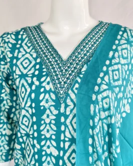 Rama green and white v neck with work batik print 3 pcs kurti set