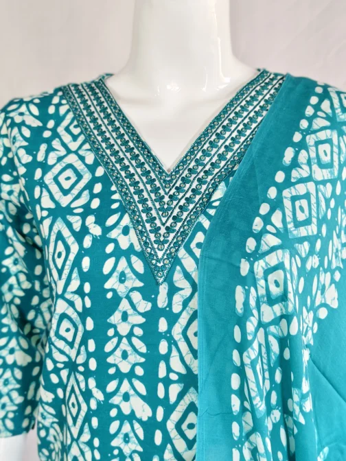 Rama green and white v neck with work batik print 3 pcs kurti set - Image 2