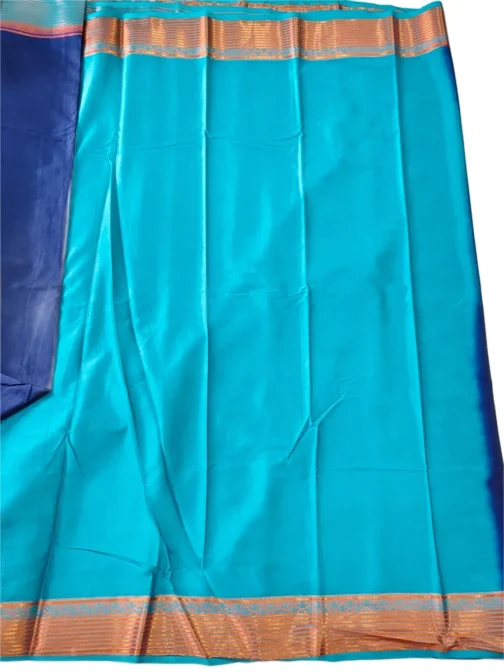 Semi mysore silk saree nevy blue with sky blue border premium - Image 4