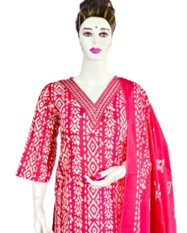 Pink and white v neck with work batik print 3 pcs kurti set
