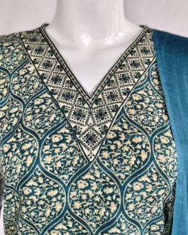 Cotton green color and v neck embroidery work flower design 3 pcs kurti set