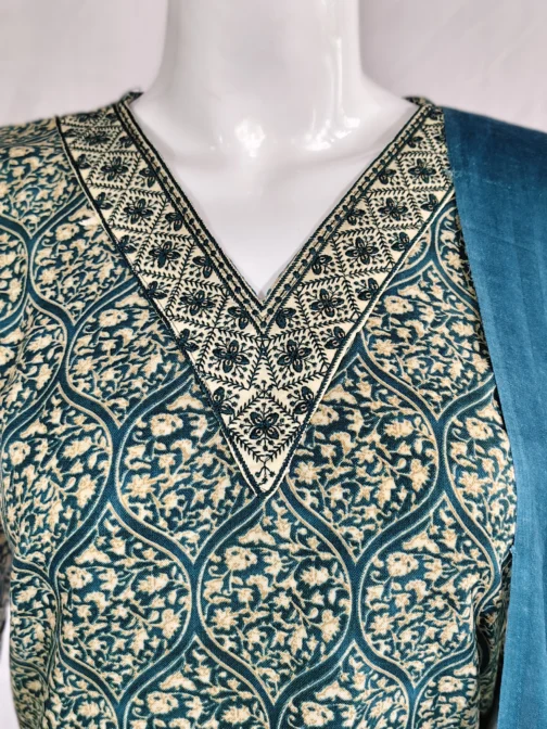 Cotton green color and v neck embroidery work flower design 3 pcs kurti set - Image 2
